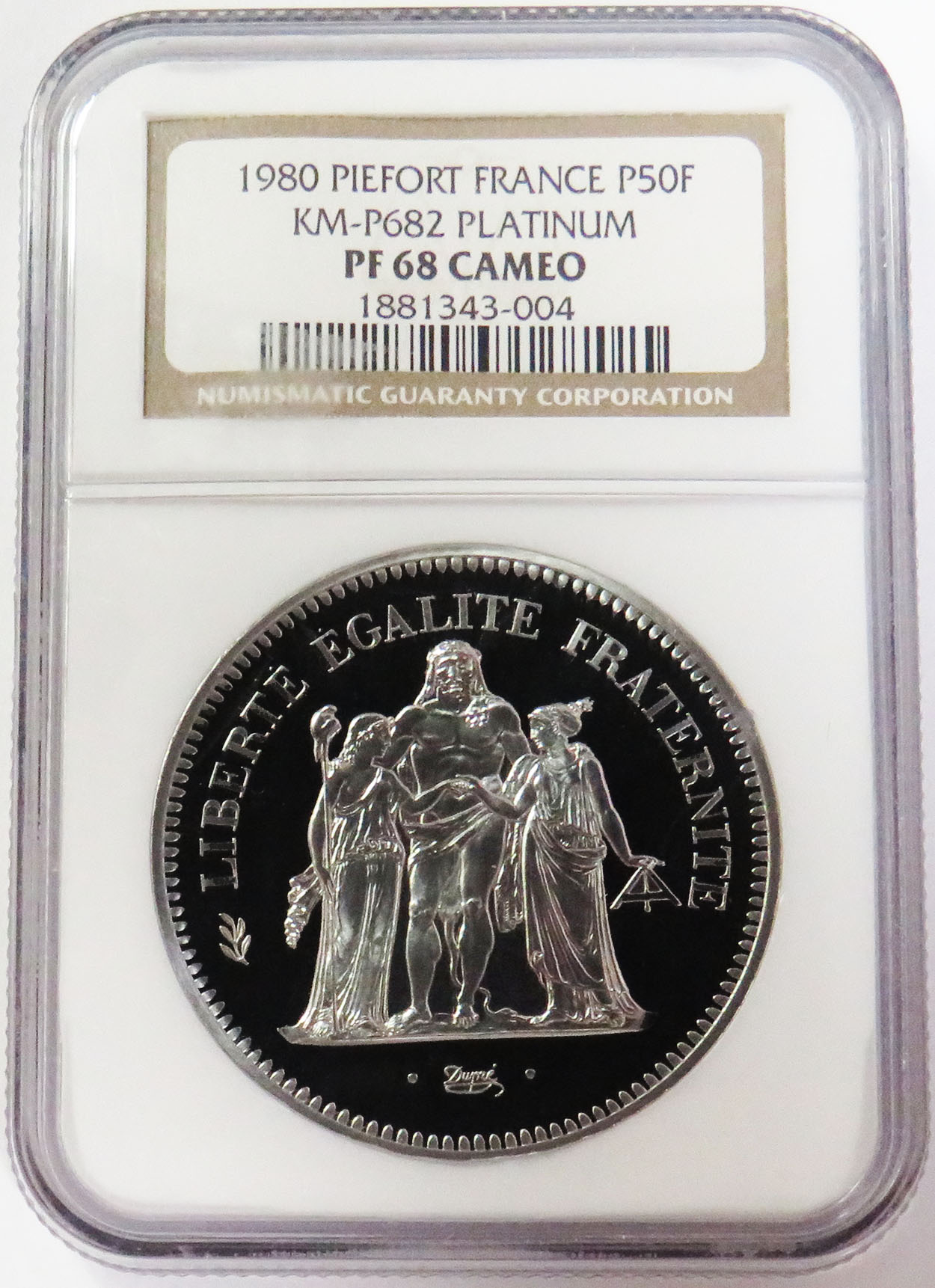 1980 PLATINUM PIEFORT FRANCE 50 FRANCS HERCULES NGC PROOF 68 CAMEO ONLY 34 MINTED 