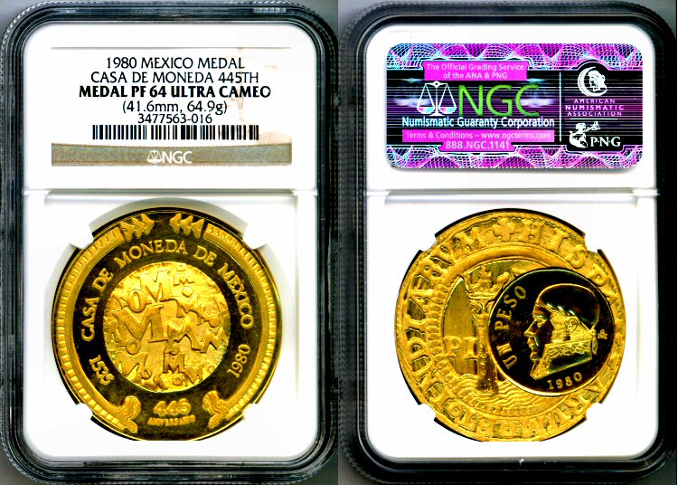 1980 GOLD MEXICO MEDAL NGC PROOF 64 ULTRA CAMEO "CASA DE MONEDA ANNIVERSARY"