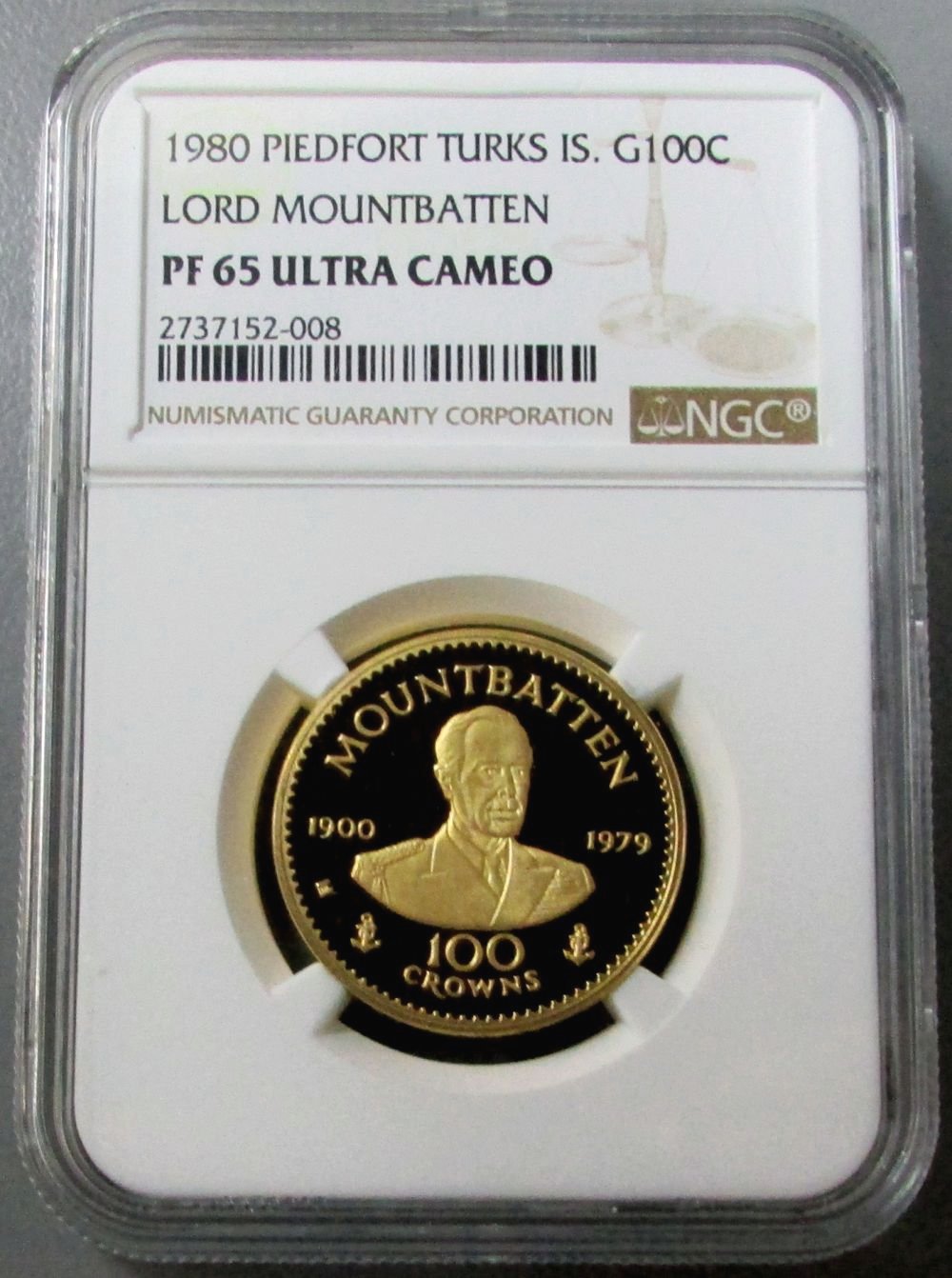 1980 GOLD TURKS & CAICOS 100 CROWN NGC PROOF 65 ULTRA CAMEO PIEDFORT LORD MOUNTBATTEN" ONLY 250 MINTED" 