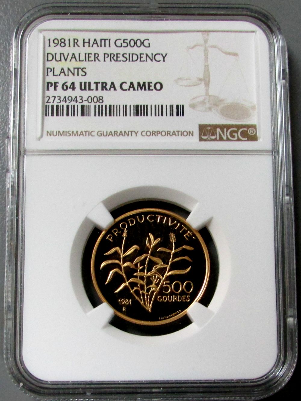 1981 R GOLD HAITI 500 GOURDES DUVALIER PRESIDENCY PLANTS NGC PROOF 64 ULTRA CAMEO ONLY 10 MINTED