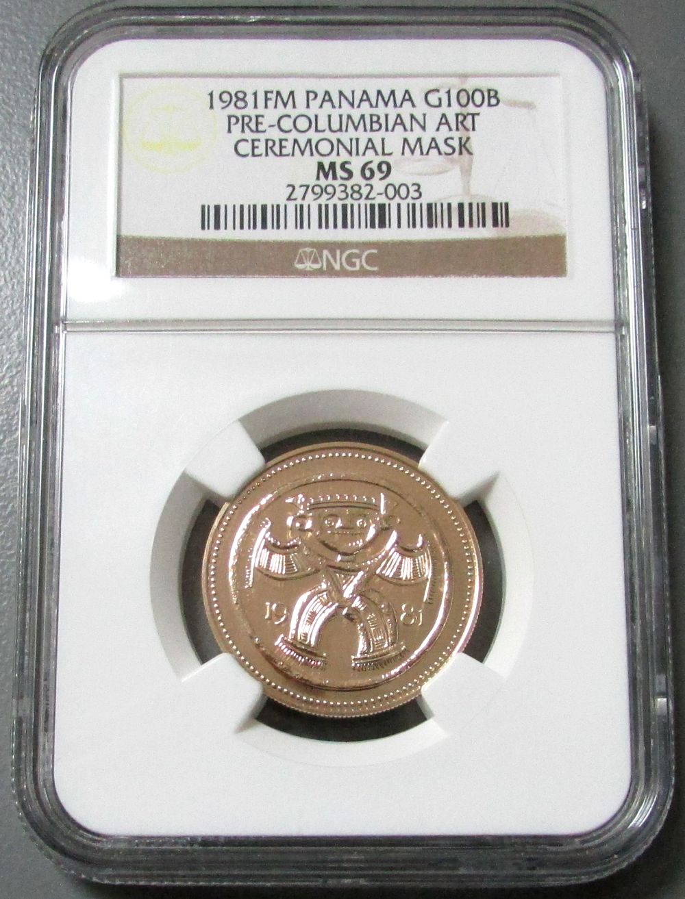 1981 FM GOLD PANAMA FRANKLIN MINT ARCHIVES 100 BALBOA CEREMONIAL MASK NGC MINT STATE 69 ONLY 174 MINTED 