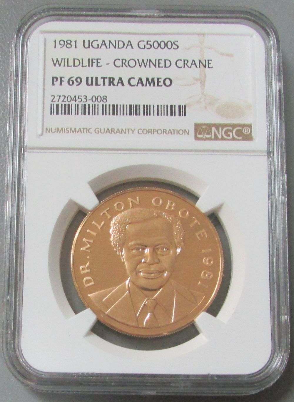 1981 GOLD UGANDA 5000 SHILLINGS "WILDLIFE SERIES CROWNED CRANE" NGC PROOF 69 ULTRA CAMEO ONLY 100 MINTED 