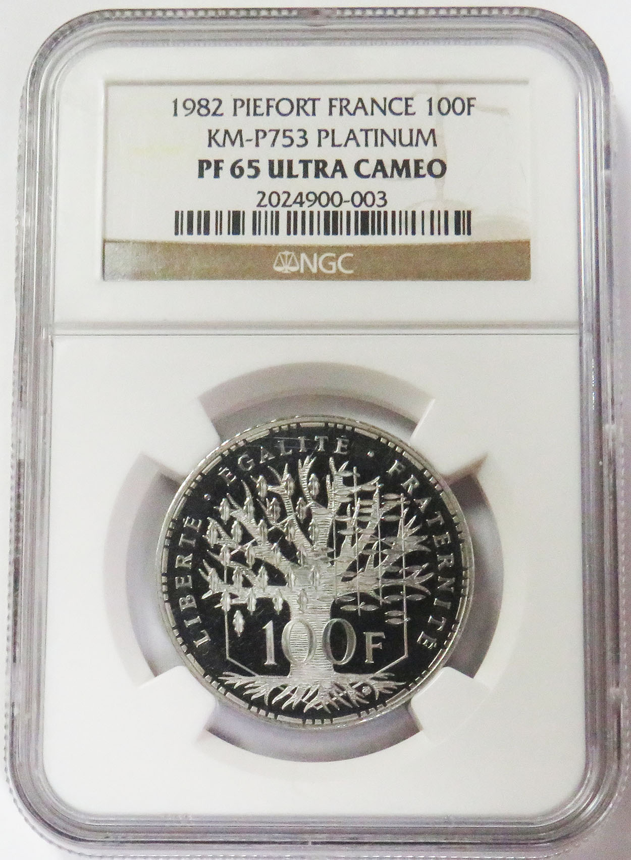 1982 PLATINUM FRANCE 2 OZ PIEFORT 100 FRANCS NGC PROOF 65 ULTRA CAMEO ONLY 16 MINTED