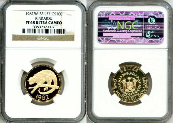 1982 FM GOLD BELIZE $100  NGC PROOF 68 ULTRA CAMEO "KINKAJOU" ONLY 586 MINTED