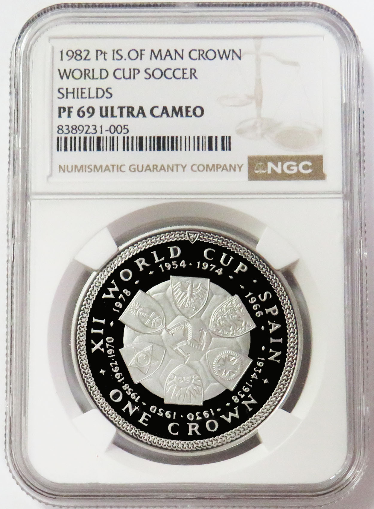 1982 PLATINUM ISLE OF MAN 100 MINTED 1 CROWN WORLD CUP SOCCER SHIELDS NGC PF 69 UC