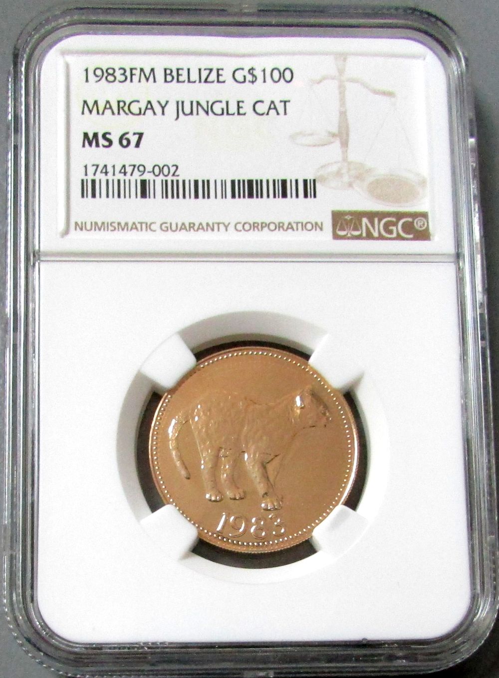 1983 FM GOLD BELIZE $100 MARGAY JUNGLE CAT NGC MINT STATE 67 "ONLY 10 MINTED