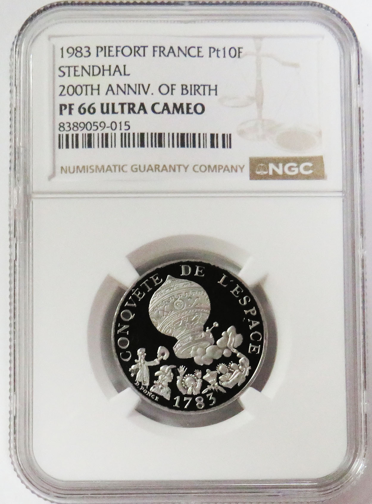 1983 PLATINUM PIEFORT FRANCE 10 FRANCS STENDHAL 200TH ANNIV OF BIRTH NGC PROOF 66 UC 5 MINTED
