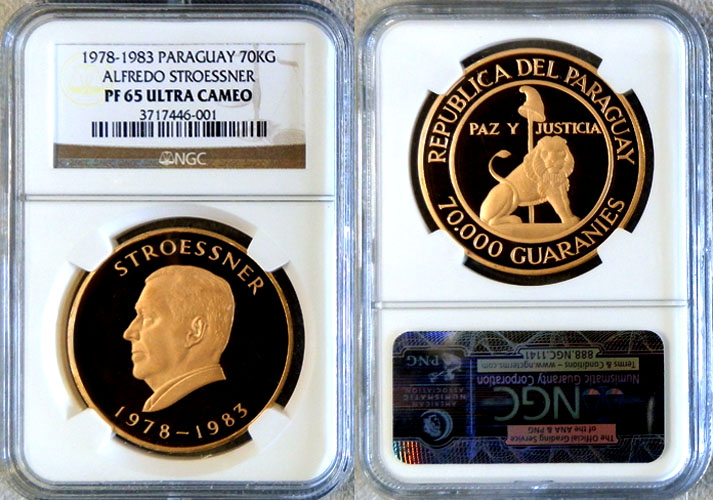 1983 GOLD PARAGUAY 70,000 GUARANIES NGC PROOF 65UC 300 MINTED