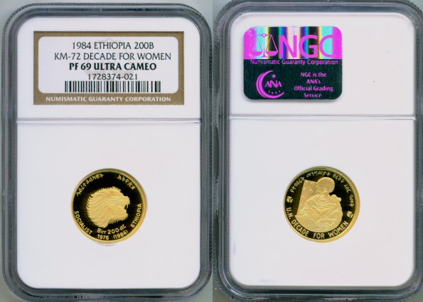 1984 GOLD ETHIOPIA 200 BIRR  NGC PROOF 69 ULTRA CAMEO ONLY 298 MINTED "DECADE FOR WOMEN"