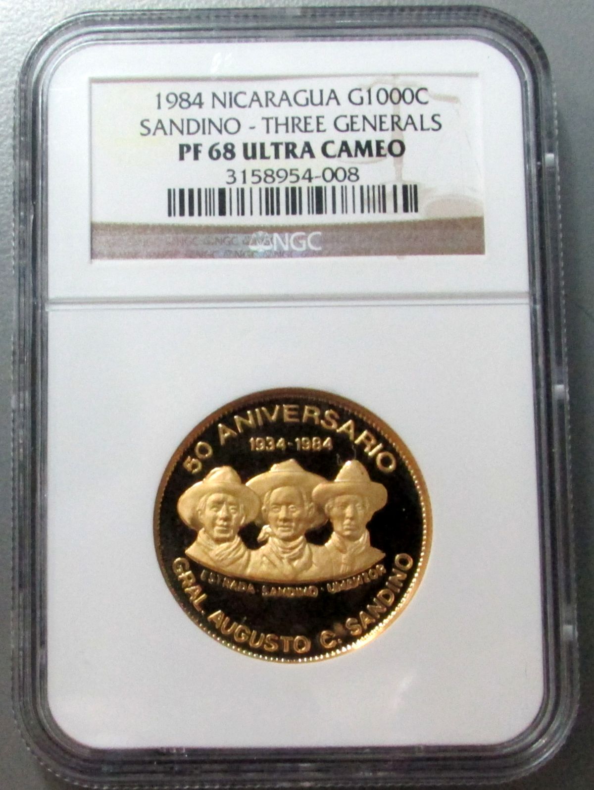 1984 GOLD NICARAGUA 1000 CORDOBAS THREE GENERALS NGC PROOF 68 ULTRA CAMEO ONLY 1,000 MINTED