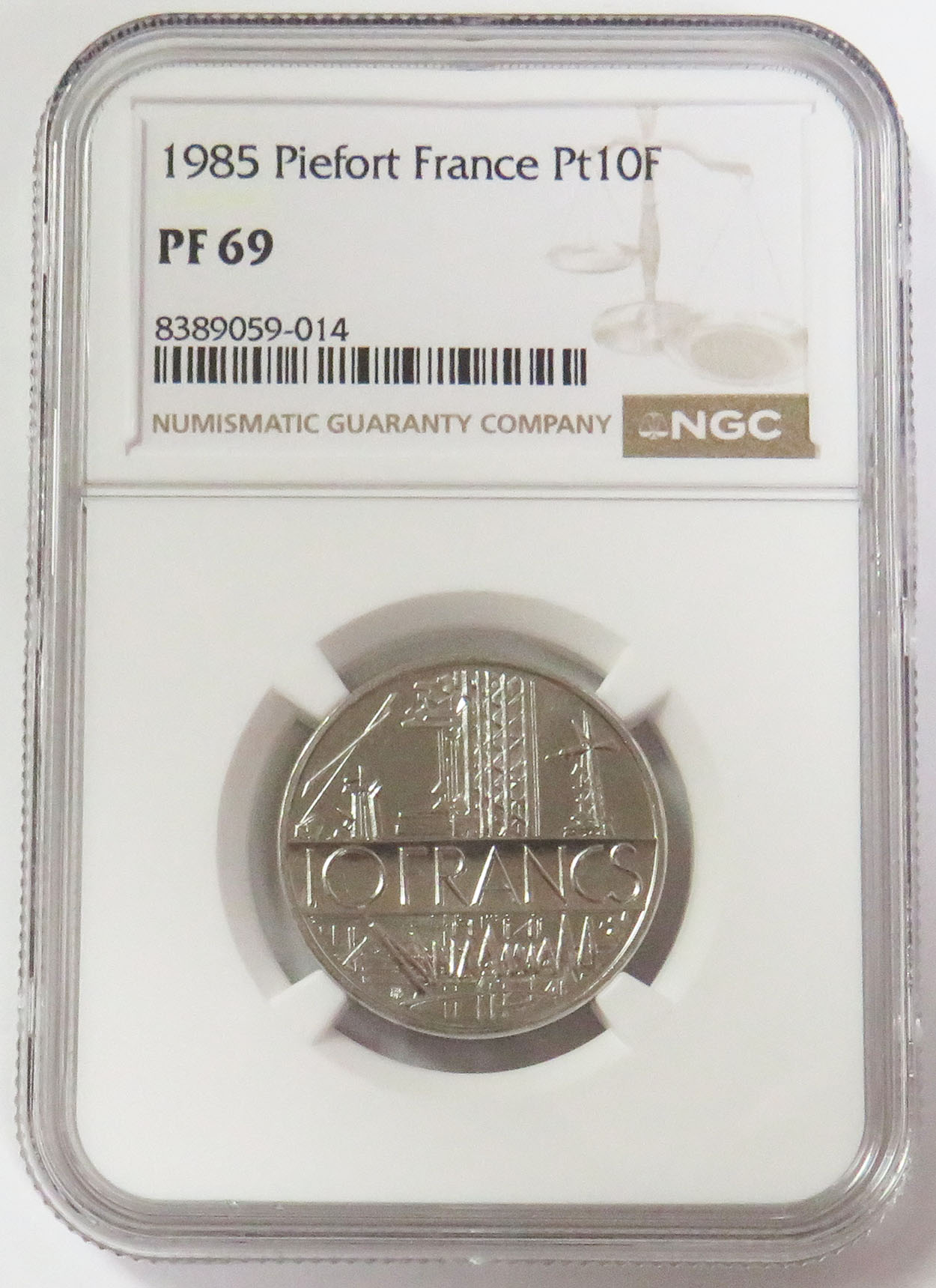 1985 PLATINUM 5 MINTED PIEFORT FRANCE 10 FRANCS NGC PROOF 69
