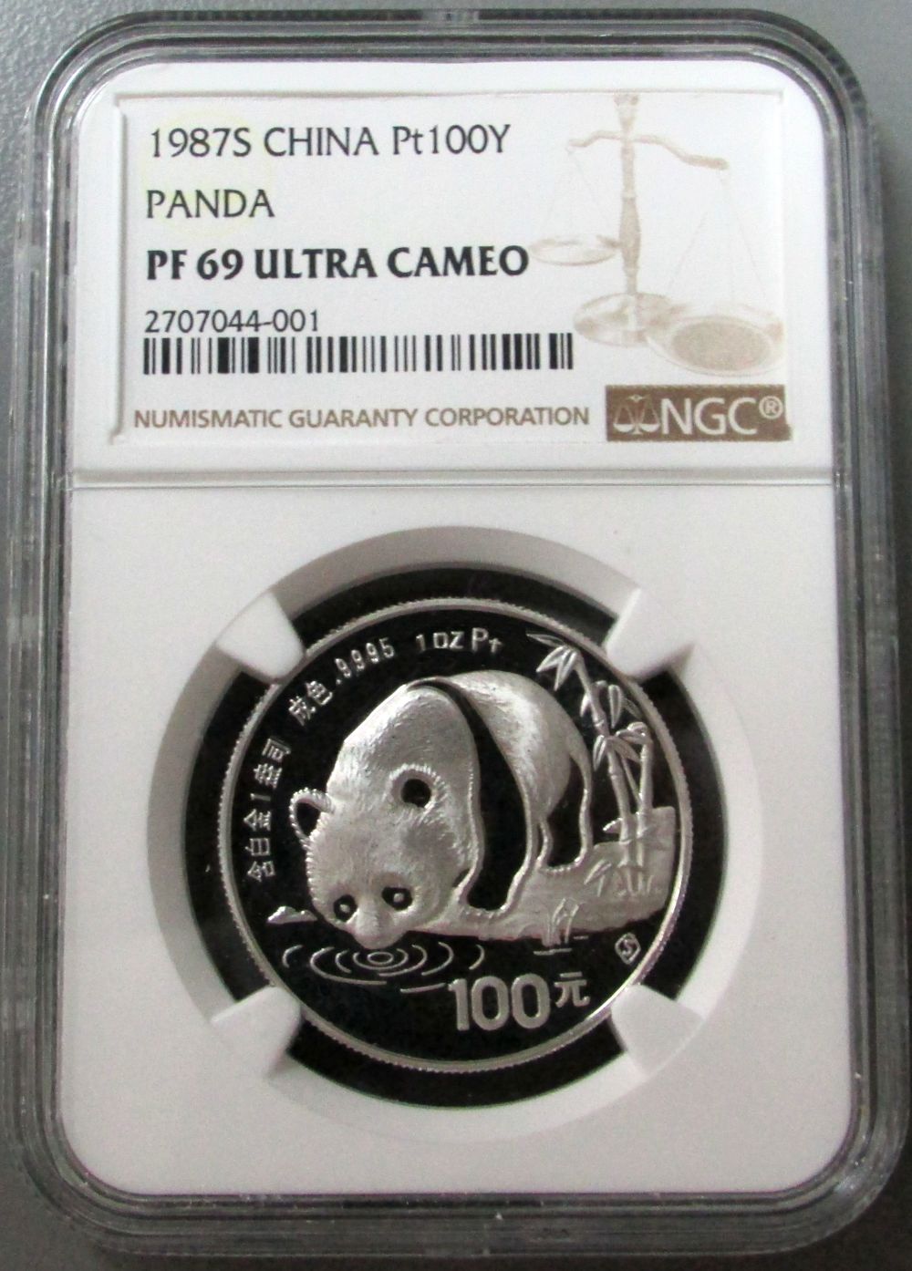 1987 S PLATINUM CHINA PANDA 100 YUAN NGC PROOF 69 ULTRA CAMEO