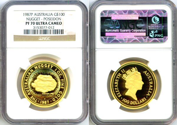 PERTH 1987 MINT GOLD AUSTRALIA $100 NGC PERFECT PROOF 70 ULTRA CAMEO "POSEIDON NUGGET" ONLY 1,522 MINTED