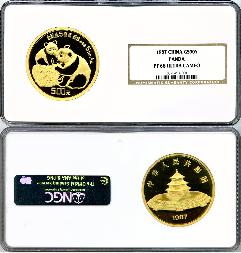 1987  GOLD CHINA 500 YUAN 5 OZ PROOF PANDA NGC PROOF 68 UC