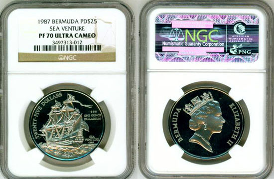 1987 PALLADIUM BERMUDA $25 COIN NGC PERFECT PROOF 70 ULTRA CAMEO "SEA VENTURE"