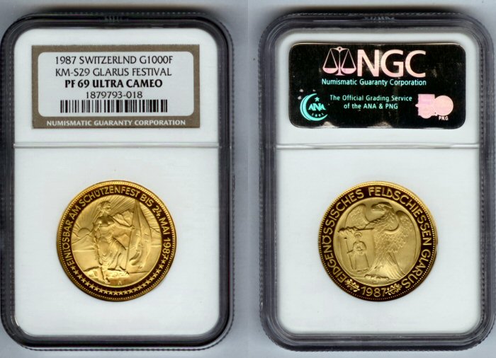 1987 GOLD SWITZERLAND 1000 FRANCS NGC PROOF 69 ULTRA CAMEO "GLAURUS FESTIVAL"