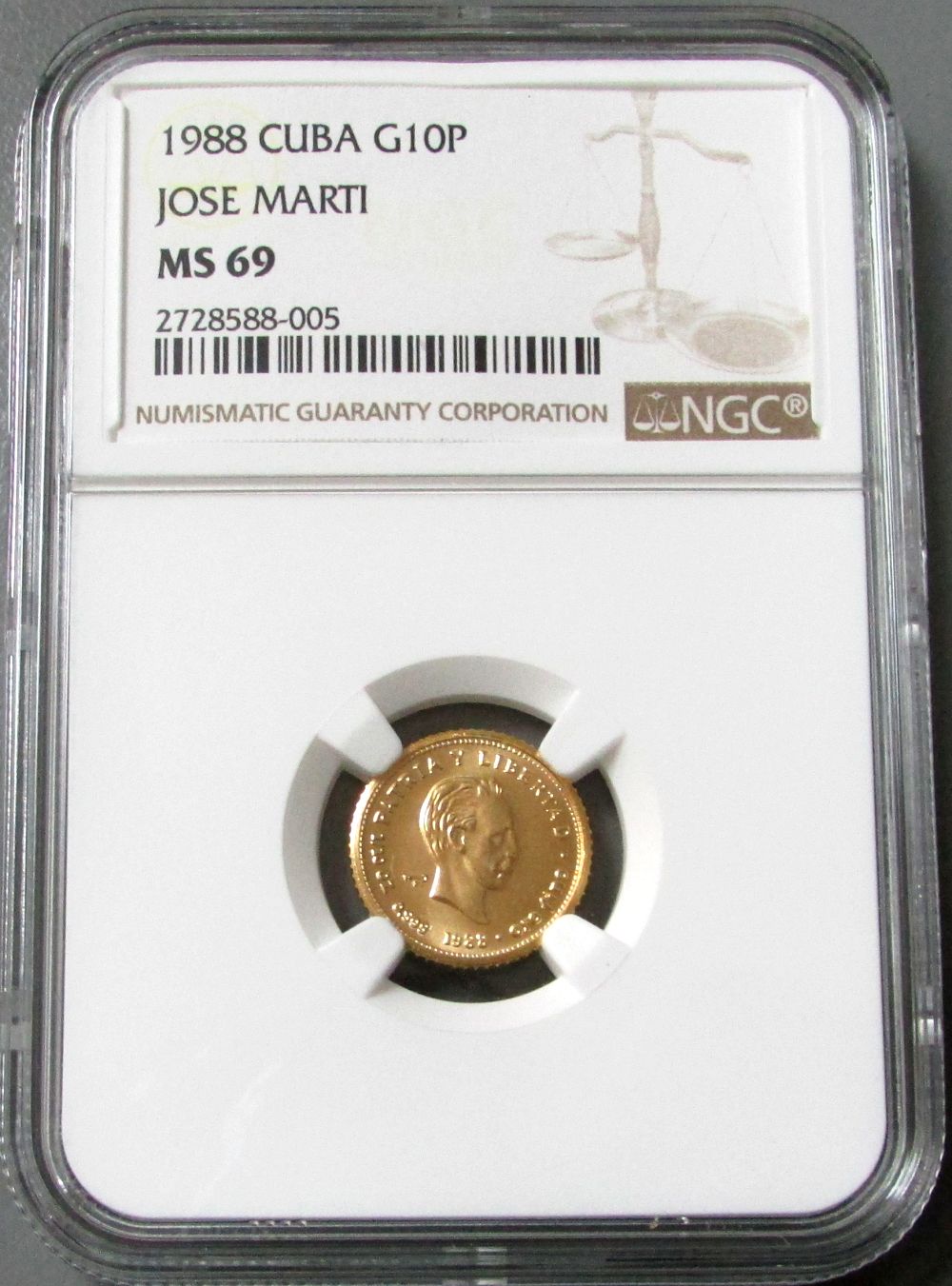1988 GOLD CUBA 10 PESO JOSE MARTI NGC MINT STATE 69 ONLY 50 MINTED