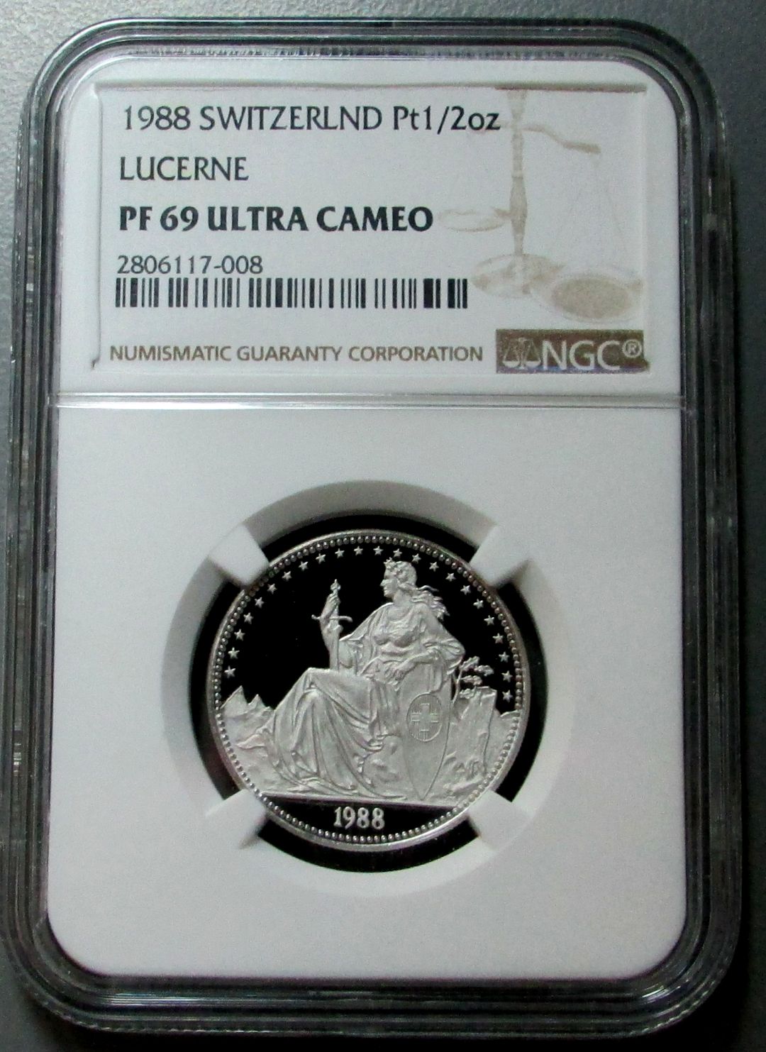 1988 PLATINUM SWITZERLAND 1/2 UNZE LUZERN NGC PROOF 69 ULTRA CAMEO LUCERNE "RARE ONLY 54 MINTED"