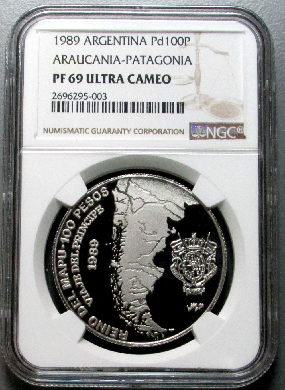 1989 PALLADIUM ARGENTINA 100 PESOS NGC PROOF 69 ULTRA CAMEO ARAUCANIA-PATAGONIA ONLY 10 MINTED "ONLY COIN CERTIFIED"