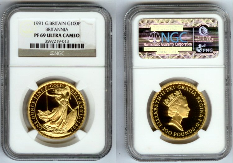 1991 GOLD GREAT BRITAIN £100 NGC PROOF 69UC BRITANNIA 143 MINTED