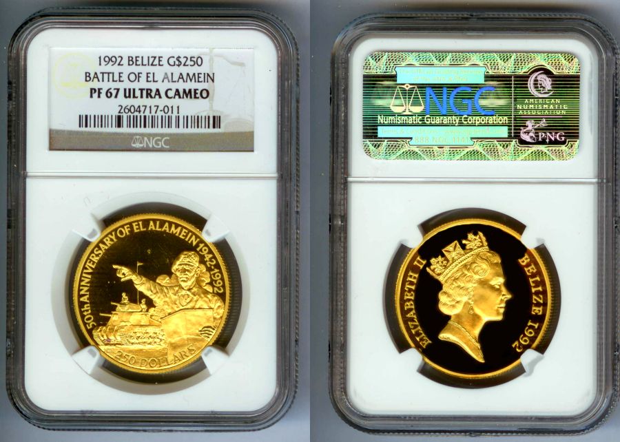 1992 GOLD BELIZE $250 NGC PROOF 67 ULTRA CAMEO "EL ALAMEIN" ONLY 500 MINTED