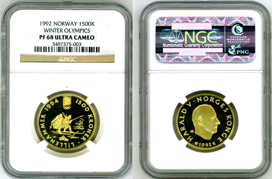 1992 GOLD NORWAY 1500 KRONER "OLYMPICS BIRKEBIENERS" NGC PROOF 68 ULTRA CAMEO