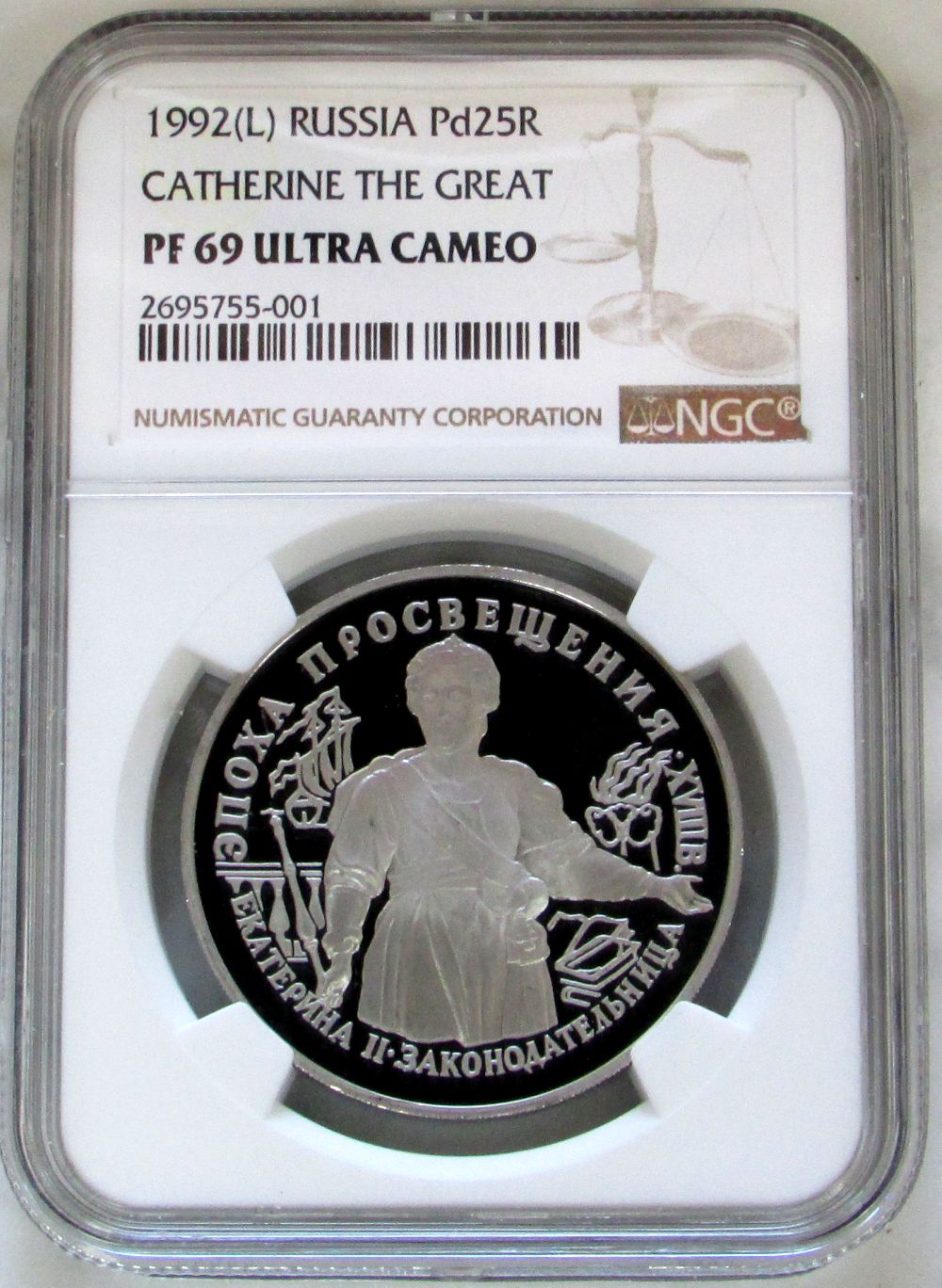 1992 (L) PALLADIUM RUSSIA 25 ROUBLES 1 OZ CATHERINE THE GREAT COIN NGC PROOF 69 ULTRA CAMEO