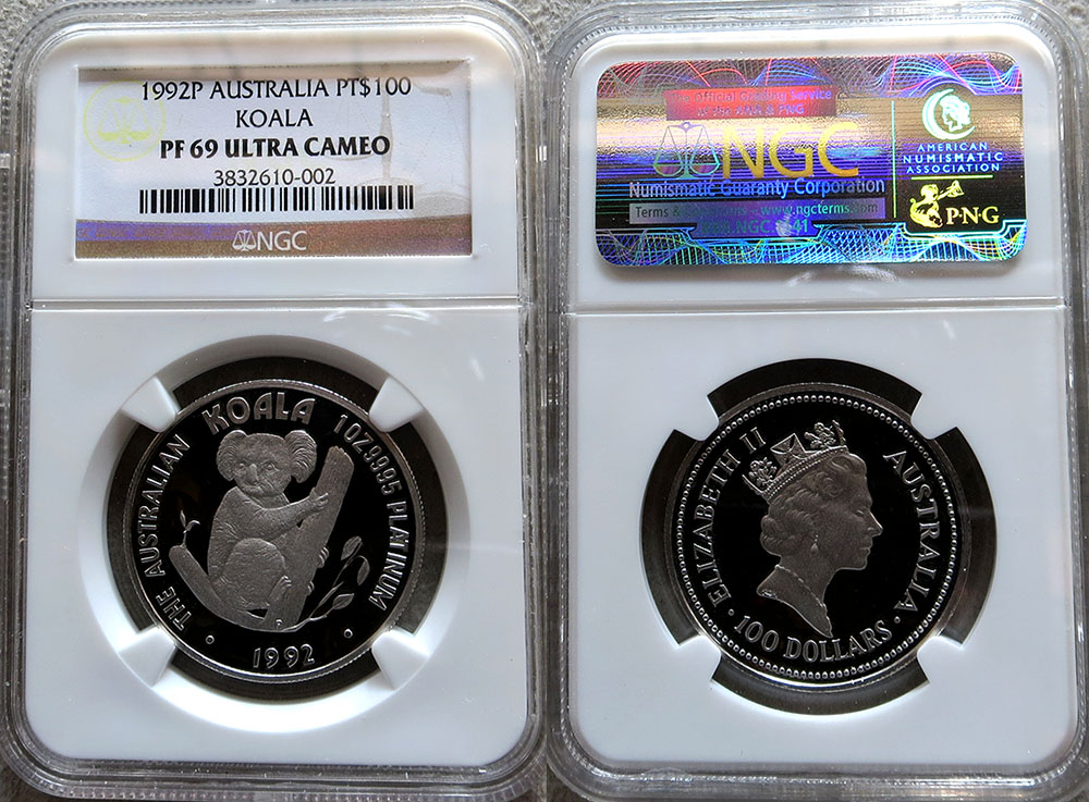 1992 PERTH MINT PLATINUM AUSTRALIA $100 COIN NGC PROOF 69 ULTRA CAMEO  "KOALA UP A TREE" ONLY 227  MINTED