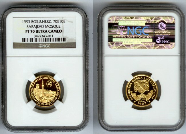 1993 GOLD BOSNIA-HERZEGOVINA 70 ECUS + 10 NGC PERFECT PROOF 70 ULTRA CAMEO "MOSQUE"