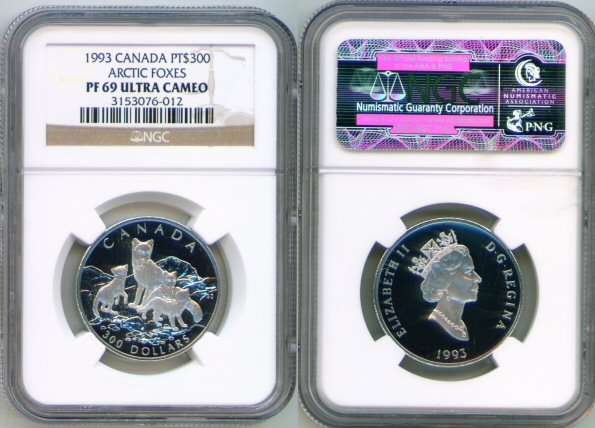 1993 PLATINUM CANADA $300 NGC PROOF 69 ULTRA CAMEO WILDLIFE SERIES ARCTIC FOXES 1,000 MINTED