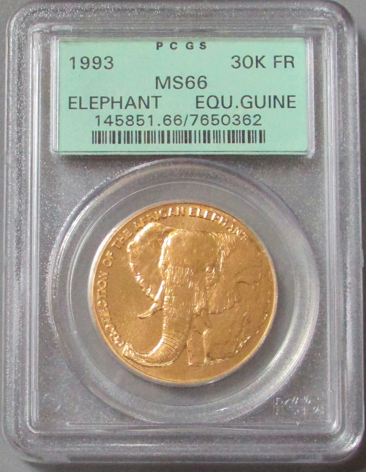 1993 GOLD EQUATORIAL GUINEA 30,000 FRANCOS PCGS MINT STATE 66 "ELEPHANT WILDLIFE CONSERVATION" ONLY 300 MINTED