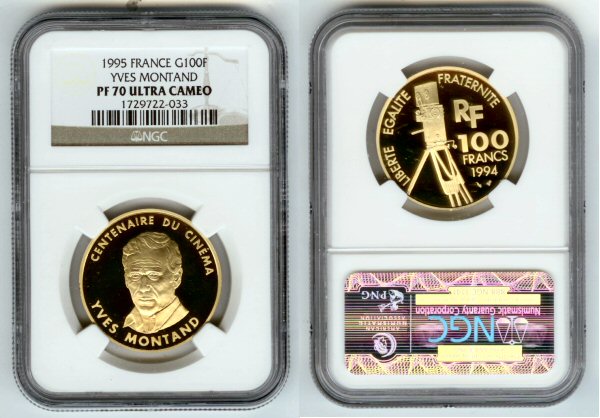 1994 GOLD FRANCE 100 FRANC COIN  NGC PROOF 70 ULTRA CAMEO "YVES MONTAND CENTENNIAL OF THE CINEMA"