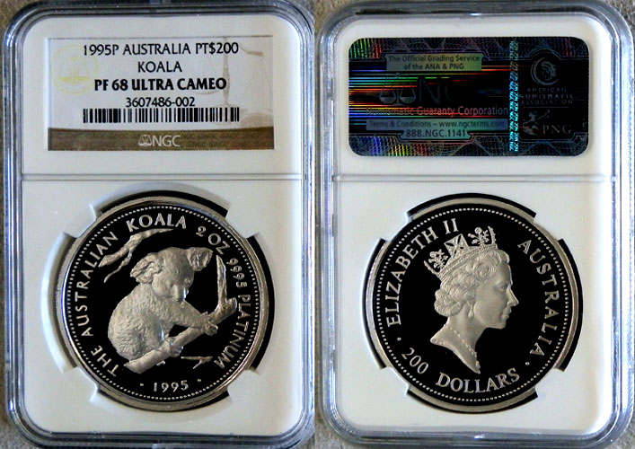 1995 PLATINUM AUSTRALIA $200  NGC PROOF 68 ULTRA CAMEO "2 OZ KOALA" ONLY 84 MINTED