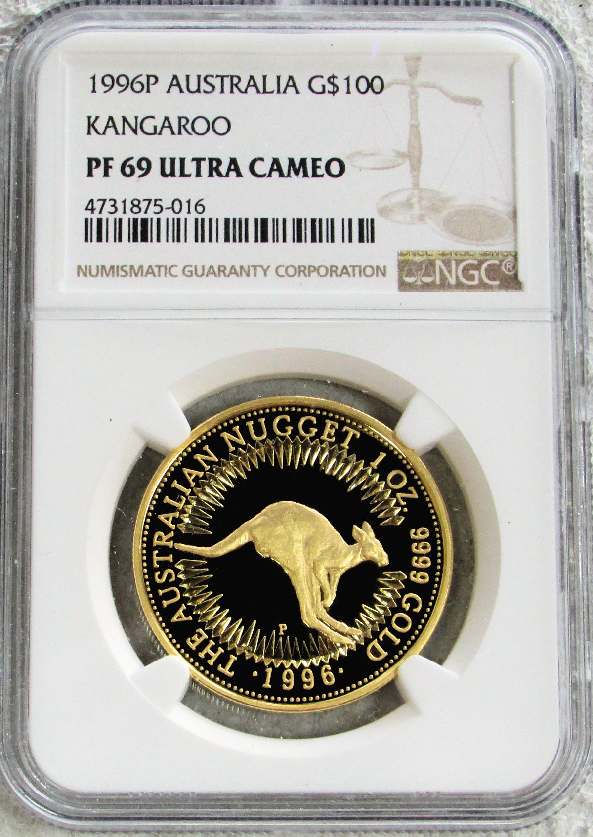 1996 P GOLD AUSTRALIA $100 KANGAROO NGC PROOF 69 ULTRA CAMEO ONLY 350 MINTED