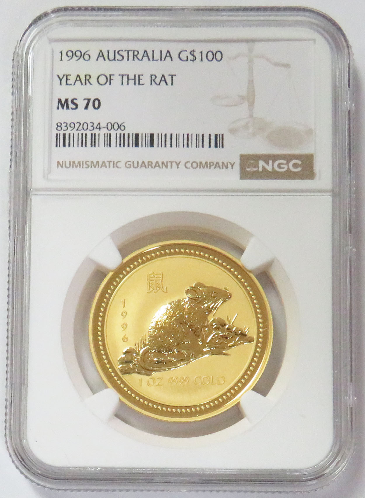 1996 GOLD AUSTRALIA $100 LUNAR YEAR OF THE RAT 1oz NGC MINT STATE 70
