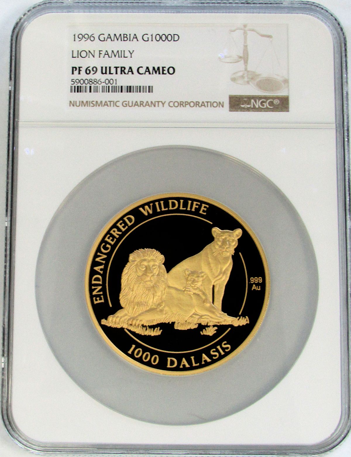 1996 GOLD GAMBIA 5 OZ 1000 DALASIS ENDANGERED WILDLIFE SERIES WEST AFRICAN LION NGC PROOF 69 ULTRA CAMEO "ONLY 99 MINTED"  