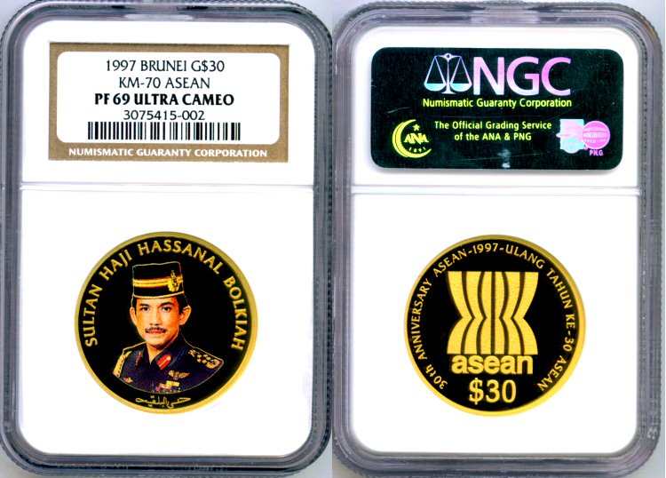 1997 GOLD BRUNEI $30 NGC PROOF 68 ULTRA CAMEO  ASEAN 30 YEARS ONLY 800 MINTED "ASSOCIATION OF SOUTHEAST ASIAN NATIONS"