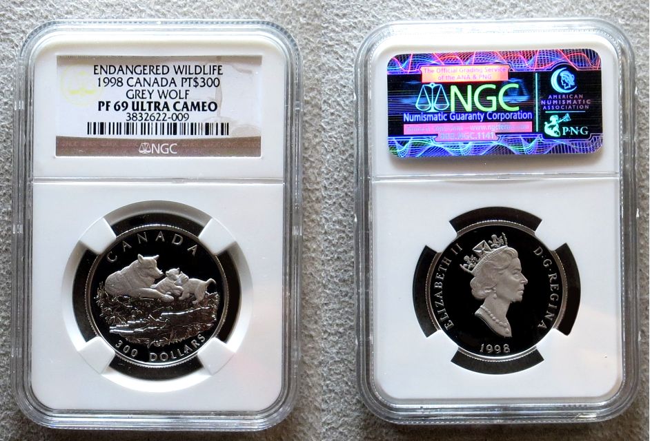 1998 PLATINUM CANADA $300 NGC PROOF 69 ULTRA CAMEO "WILDLIFE SERIES GREY WOLVES" ONLY 661 MINTED