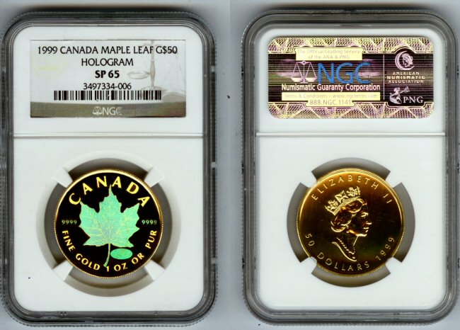 1999 GOLD CANADA $50 MAPLE LEAF  HOLOGRAM NGC SPECIMEN PROOF 65 ONLY 500 MINTED " "20 YEARS ANS" PRIVY MARK CELEBRATING THE 20TH ANNIVERSARY OF THE MAPLE LEAF PROGRAM"