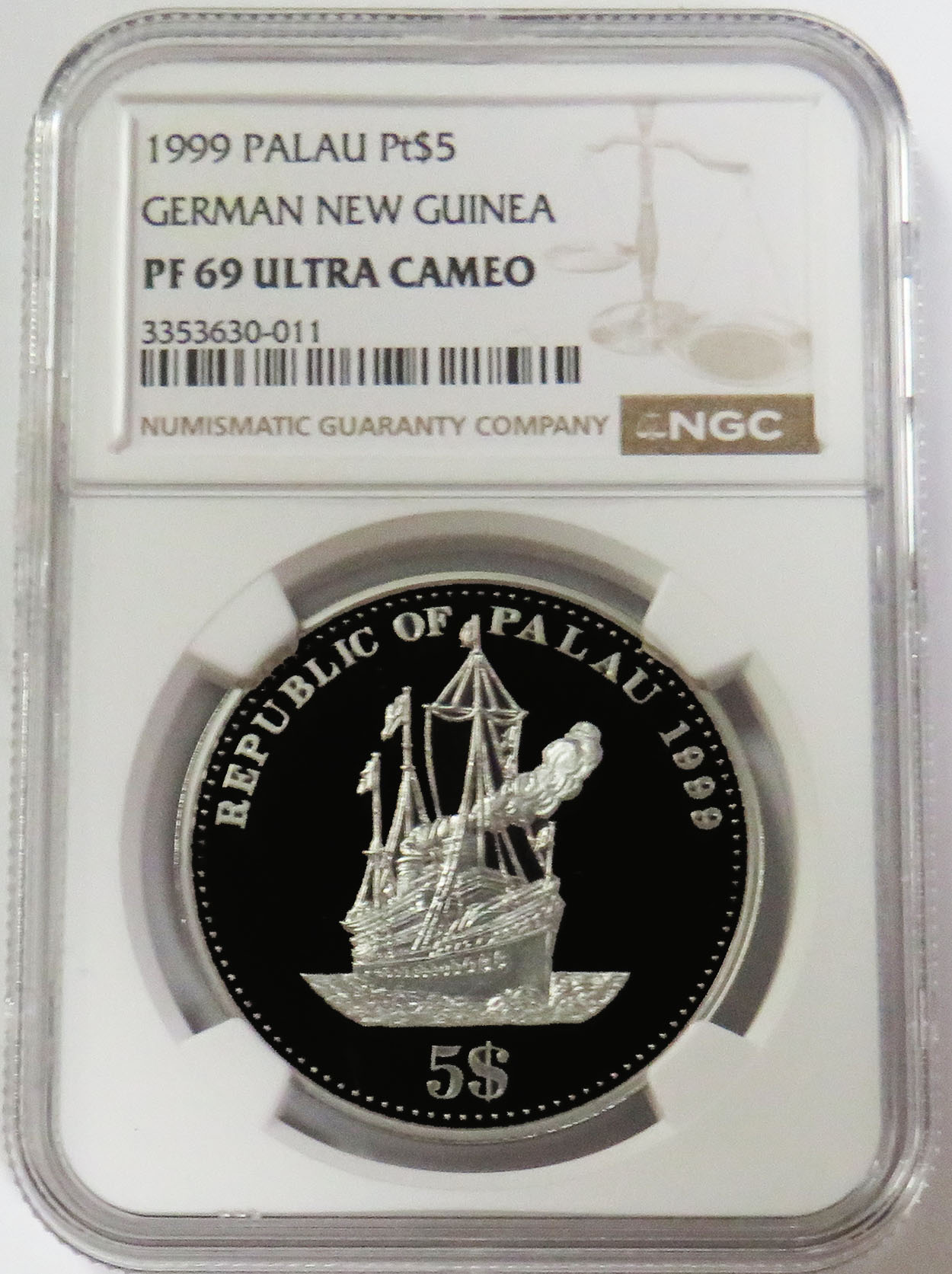 1999 PLATINUM PALAU $5 GERMAN NEW GUINEA NGC PROOF 69 ULTRA CAMEO ONLY 2 MINTED