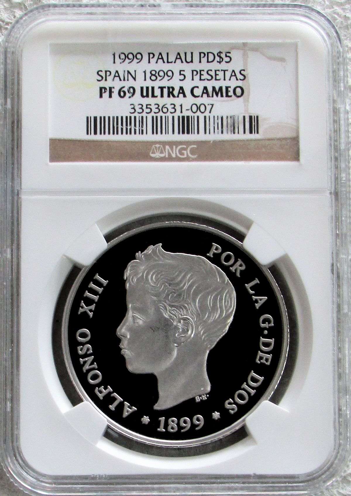 1999 PALLADIUM PALAU $5 SPAIN 1899 5 PESETAS NGC PROOF 69 ULTRA CAMEO ONLY 7 MINTED