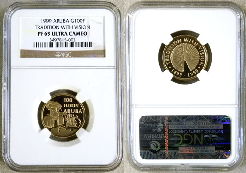 1999 GOLD ARUBA 100 FLORINS NGC PROOF 69 ULTRA CAMEO "TRADITION WITH VISION"