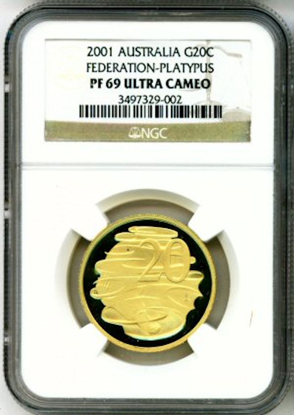 2001 GOLD AUSTRALIA 20 CENTS NGC PROOF 69 ULTRA CAMEO "PLATYPUS" ONLY 650 MINTED