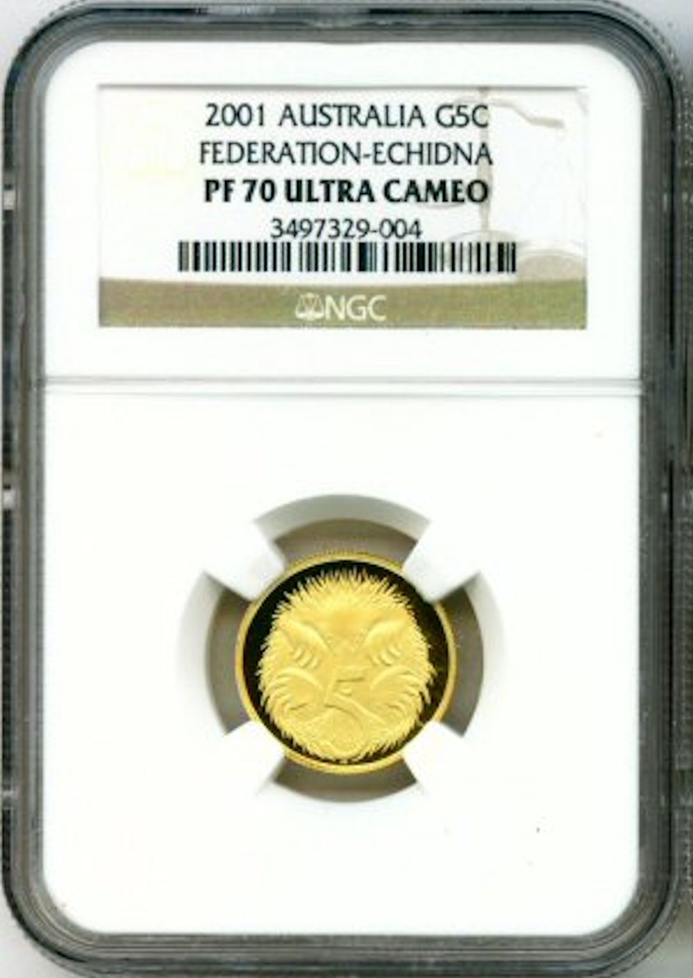 2001 GOLD AUSTRALIA 5 CENT NGC PERFECT PROOF 70 ULTRA CAMEO ONY 650 MINTED "ECHIDNA'