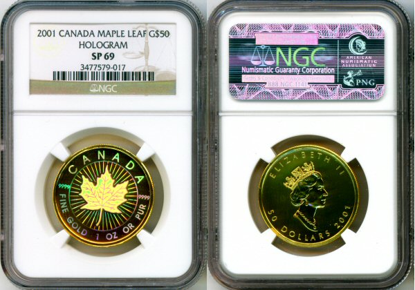 2001 GOLD CANADA $50 HOLOGRAM COIN NGC SPECIMEN  69 (600 MINTED)