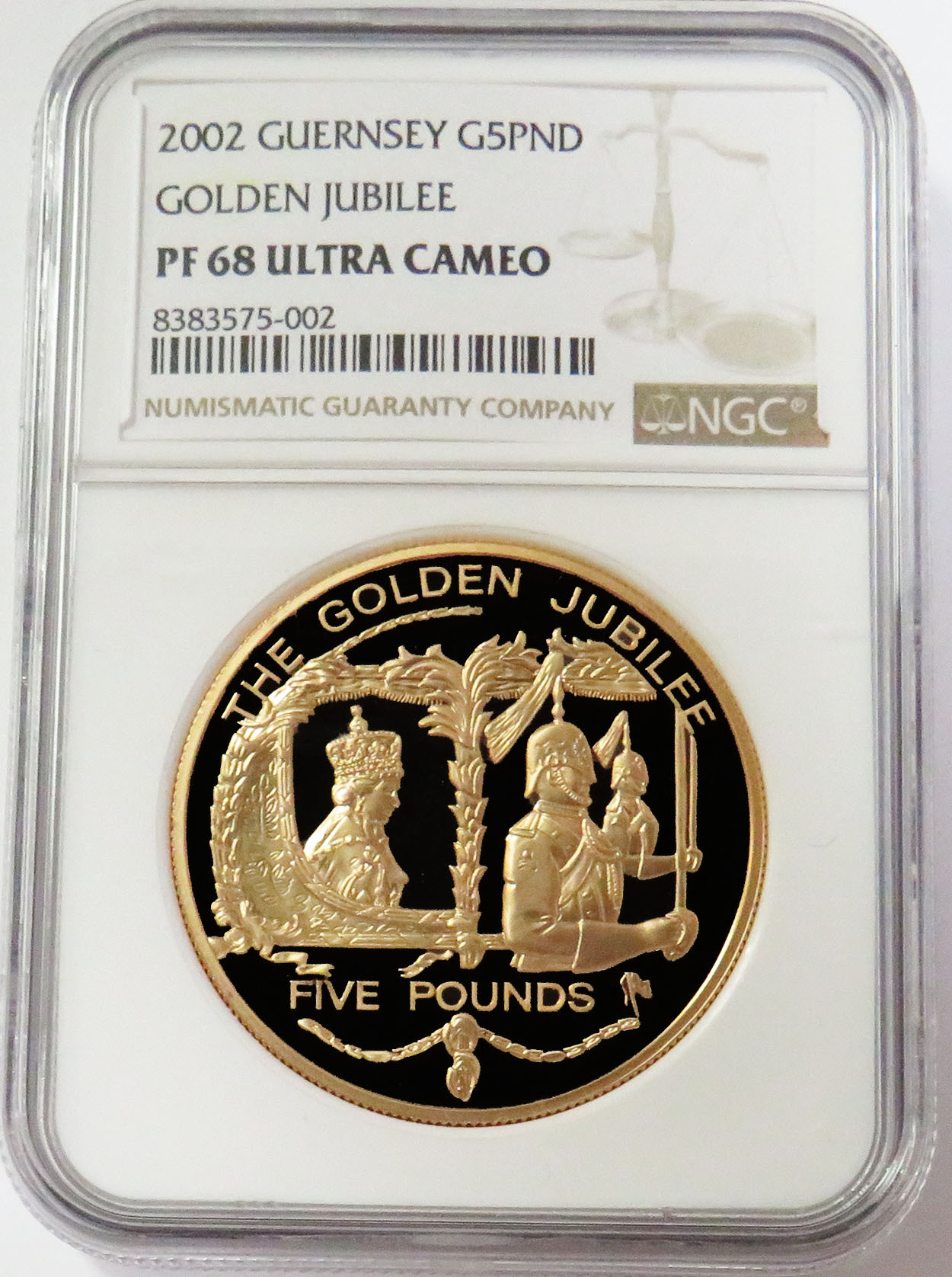 2002 GOLD GUERNSEY 5 POUNDS PIEDFORT GOLDEN JUBILEE NGC PROOF 68 UC 100 MINTED