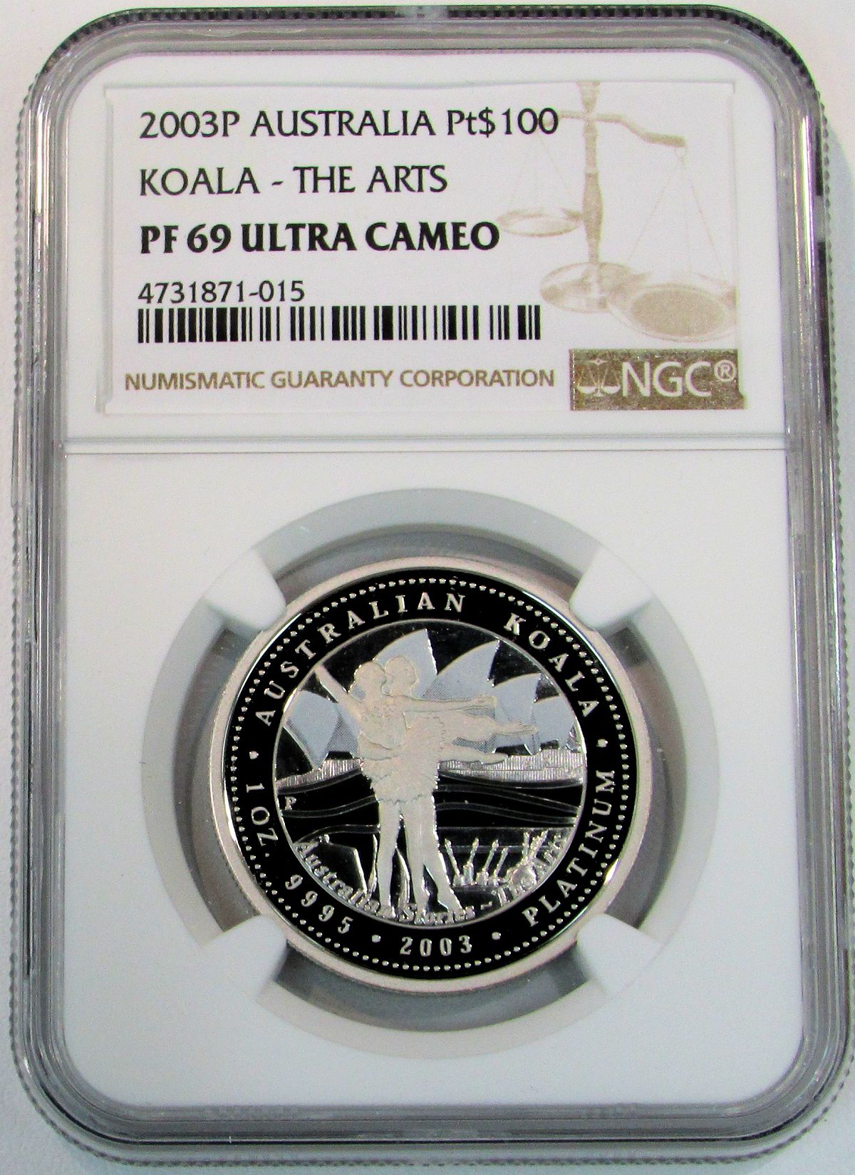 2003 PERTH MINT PLATINUM KOALA $100 NGC PROOF 69 ULTRA CAMEO ONLY 154 MINTED "THE ARTS" ONLY 55 MINTED