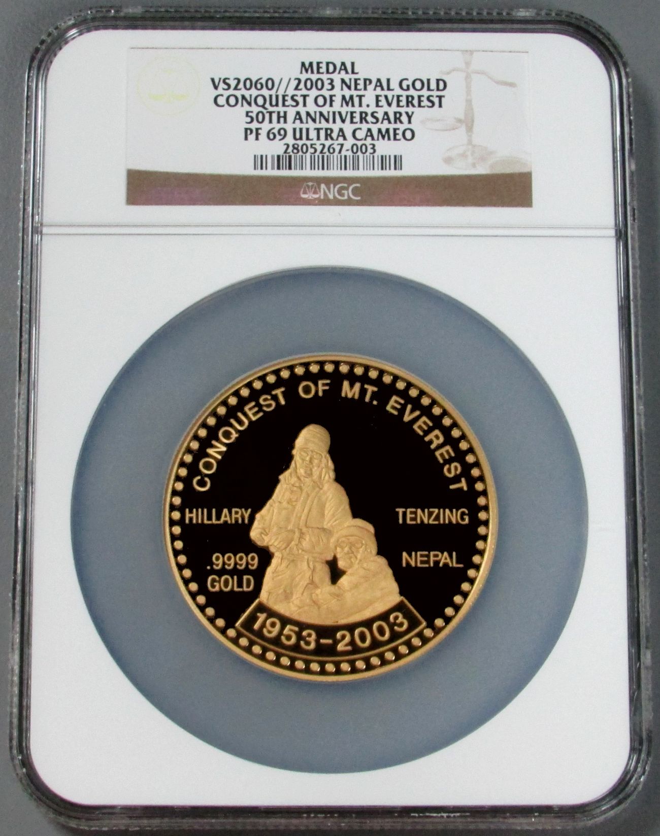 2003 // VS2060 GOLD NEPAL 5 OZ CONQUEST OF MT. EVEREST 50TH ANNIVERSARY NGC PROOF 69 ULTRA CAMEO ONLY 99 MINTED