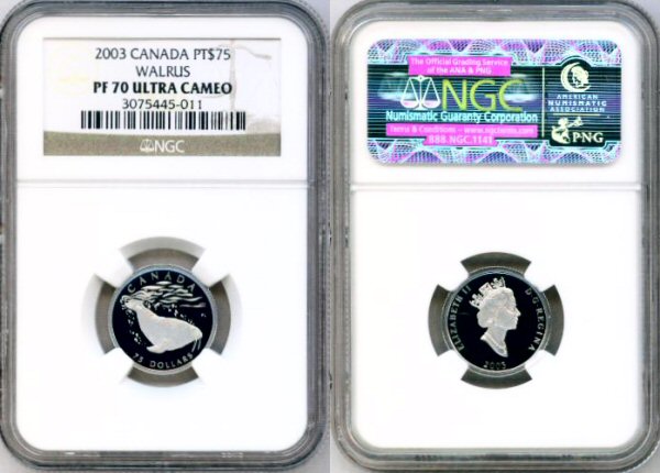 2003 PLATINUM CANADA $75 COIN NGC PERFECT PROOF 70 ULTRA CAMEO "ENDANGERED WILDLIFE SERIES WALRUS" ONLY 365 MINTED