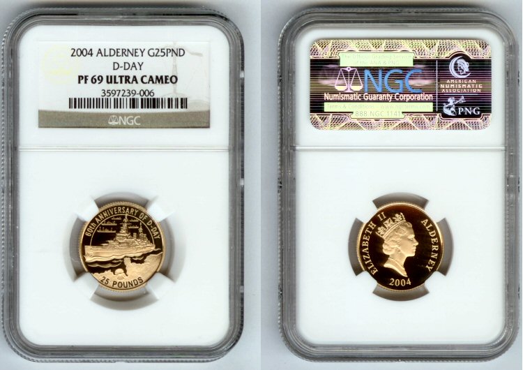 2004 GOLD ALDERNEY £25 POUNDS NGC PROOF 69 ULTRA CAMEO D-DAY 60th ANNIVERSARY ONLY 500 MINTED